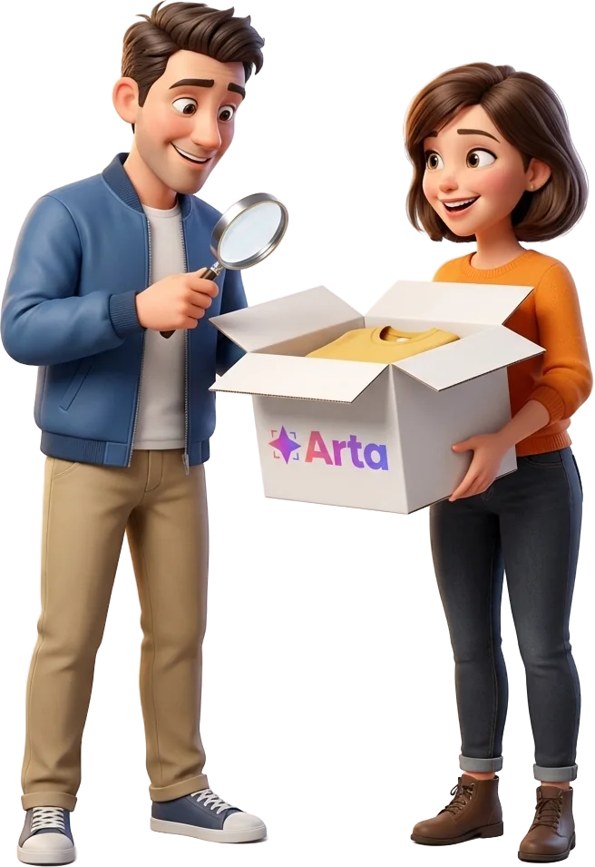 Two sellers looking inside an Arta box with a magnifying glass